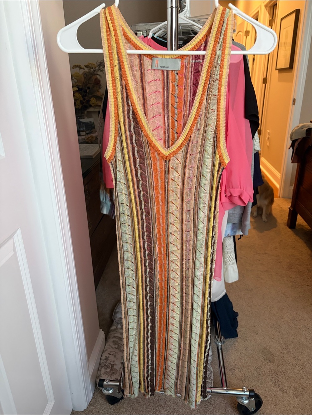 Missoni Striped V-Neck Knit Swim Cover-Up in Yellow, Orange, Brown and Cream